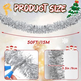50 Feet Christmas Tinsel Garland Metallic Twist Garland Shiny Hanging Garland Ornaments for Christmas Tree Party Supplies Indoor and Outdoor Decoration (Silver)
