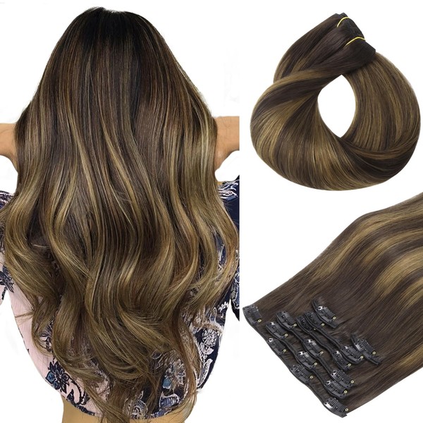 hotbanana Clip-In Hair Extensions, Balayage, Dark Brown to Chestnut Brown, 40 cm, 120 g, 7 Pieces Clip-In Hair Extensions, Real Hair, Straight, Remy Clip-in Hair Extensions