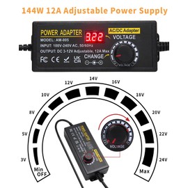 3~12V 12A 144W Adjustable Universal Power Supply Adapter, 3V 4V 5V 6V 7V 8V 9V 10V 11V 12V Variable DC Power Supply with Voltage Display 100V-240V 50-60Hz AC to DC Converter for LED Strip Light Router