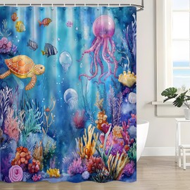 JOFKAXU Blue Ocean Shower Curtain Marine Life Beach Sea Turtle Cute Jellyfish Colorful Coral Watercolor Underwater Animal Bathroom Curtain with Hooks