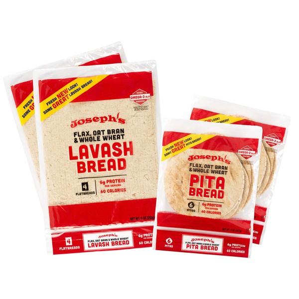 Joseph's 4-Pack Value Variety Bundle, Flax Oat Bran Whole Wheat Lavash Bread (8 Squares Total) and Pita Bread (12 Loaves Total)