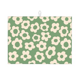 Floral Kitchen Dish Drying Mat for Dishes 18x24 Inch Vintage Groovy Flowers Drying Mat White Daisy Dish Drainer Mat Super Absorbent Dish Rack Pad for Coffee Bar Sinks(Green)