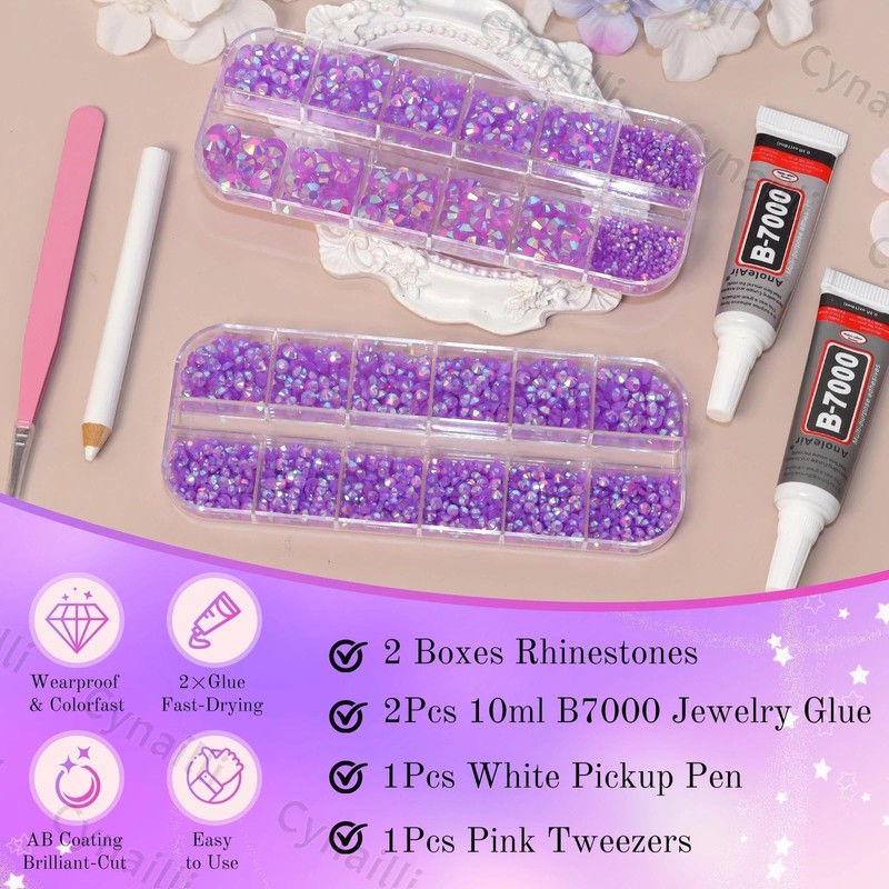 Light Purple AB Rhinestones Kit, Flatback Resin Gems for Bedazzling