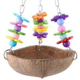 Parrot Nest, Natural Coconut Shell Nest Acrylic Swing Hammock Toy Feeding System for Parrot Bird Budgie Toy