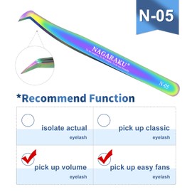 NAGARAKU Tweezers for Eyelash Extension Colored Curved Volume Cluster Easy Fanning Premade Fans Professional Stainless Steel Precision Light (N-05)