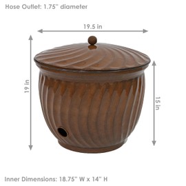 Sunnydaze Metal Garden Hose Holder Pot with Lid - UV-Resistant Brown Glaze Finish - Holds up to 145-Foot Hose