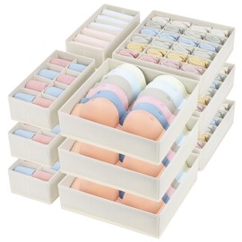 Easortm Drawer Organizer Clothes - Foldable Underwear Organizer and Sock Organizer, Sock Drawer Organizer Divider Fabric Dresser Drawer Organizer for Socks, Bra, Underwear, Tie, 12 Pack, Beige