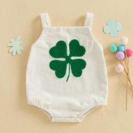 Fuethsuy St Patricks Day Newborn Baby Boy Girl Outfit Clover Embroidery Romper Sleeveless Overalls Bodysuit Spring Outfit (Beige, 0-3 Months)