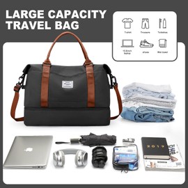 HPLQQ Weekender Travel Bag Women's Sports Bag Ryanair & Easyjet Hand Luggage Bag Hospital Bag Travel Duffle Bag Swimming Bag Training Bag with Shoe Compartment for Aeroplane Travel, H7-black-brown