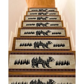 Stair Treads for Wooden Steps,Retro Pine Tree Bear Silhouette Non Slip Stair Carpet Indoor Stair Runner Staircase Step Treads,Black Animal Vintage Back Stair Mat 8x30in 10 Pcs