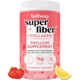 Bellway Super Fiber Powder + Collagen, Sugar-Free Psyllium Husk Powder with Collagen Peptides and Hyaluronic Acid for Gut Health, Healthy Skin, Nails, Bones & Joints, Strawberry Lemonade (11 Servings)