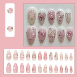LBPEPAMZ LBPEPAMZ Pink Press on Nails Medium Almond Fake Nails with 3D Heart Pearl Rhinestones Designs White Gradient Bow Silver Star Stick on Nails Flower Charms Full Cover Glue on Nails for Women Girls 24Pcs