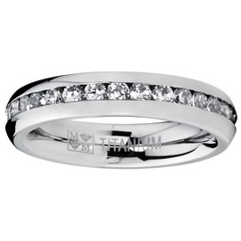 4MM High Polish Ladies Eternity Titanium Ring Wedding Band with Cubic Zirconia CZ Size 8