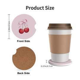 KWSAAHU 2 Pack Absorbent Car Ceramic Coaster Cup Holder, Car Accessories with Cork Back and Finger Slots, Non-Slip Shock Absorption for Both Men and Women Cherry Bow