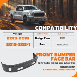 KUAFU Front Bumper Face Bar Compatible with 2013-2018 Dodge Ram 1500 2019-2024 Dodge Ram 1500 Classic w/Fog Light Holes, w/o Sensor Holes CH1002399, 68160854AB Replacement Only 2PCS
