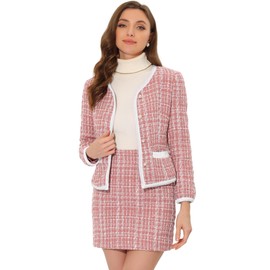 Allegra K Suit Set for Women's 2 Piece Outfits Plaid Tweed Short Blazer Jacket and Skirt Sets Pink S