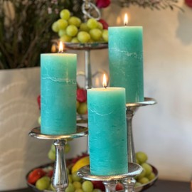 3 Piece Pillar Candle Set, Pale Aqua Blue, 68 Hours Burn Time, Marbled, 6.75 Inches Tall