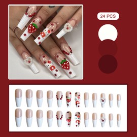 24 PCS Press on Nails Red 3D Kitty Cat Fake Nails Strawberry Fake Nails Pearl Fake Nails Heart Fake Nails Long Fake Nails Gifts for Women and Girls (No.196)