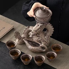 Scizorito Gongfu Tea Set, Chinese Dragon Shape, Pure Hand Firing, Lazy Kungfu Ceramic Tea Set with 360Rotating Teapot and Infuser, Suitable for Office, Home, Gift (Wood Dragon)