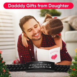 Men's Bracelet Daddy Gifts - Black Stainless Steel ID Leather Bracelet to My Dad Quote Engraved DAD Wristband Jewellery for Daddy Father from Daughter, Gift for Father's Day Birthday Christmas