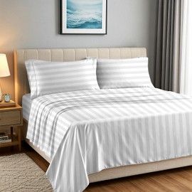 Carressa Linen 100% Egyptian Cotton Sheets - 1500 Thread Count 4 PC Queen Damask Sheet Set Egyptian Cotton, Sateen Luxury Sheets Queen Size, High Thread Count Sheet, 19" Deep Pocket - White Stripe