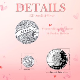 Symretie 925 Sterling Silver Birthstone Charms Pendant - Month Stone Heart Beads Charm for Women Birthday Gift, Sterling Silver, Cubic Zirconia