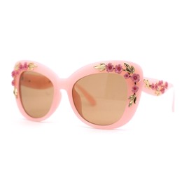 Womens Metal Flower Foliage Jewel Brow Trim Oversize Cat Eye Sunglasses Peach Brown