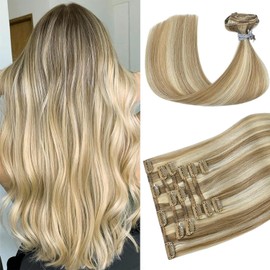 Ukira Blonde Clip in Hair Extensions Human Hair, 70g 22 Inch 7pcs 18P613 Ash Blonde Highlighted Bleach Blonde Hair Extensions for Women, Soft Natural Straight Remy Human Hair Clip in Extensions