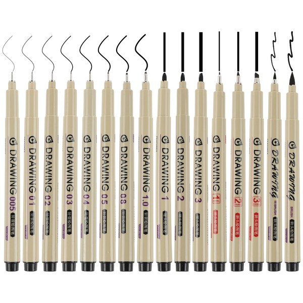 FENGQQKJ Micron Fineliner Pens, Black Precision Multiliner Pens with 16 Different Line Widths Fineliner Set, Black Felt Tip Pens for Illustrations, Sketching, Technical Drawing (Pack of 16)