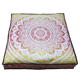 ICC Large Square Floor Pillow Cover Hippie Ottoman Pouf Cover Daybed Cotton Mandala Cushion Cover with Heavy Duty Zipper Seating Ottoman Poufs Dog-Pets Bed (Yellow/ Orange Ombre, 35" Square)