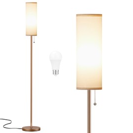 Ambimall Floor Lamp with 3 Color Temperatures Bulb, 64" Standing lamp with Linen lampshade for Bedroom, Minimalist Pole Lamp, White Shade & Brown Pole
