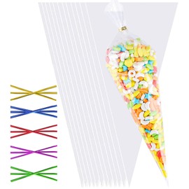 Sweet Cone Bags,100pcs 30 * 16cm Sweet Cones Bags with 100pcs Colorful Ties,Triangle Sweet Cones Bag for Candy,Cookie,Baking,Displaying and Wrapping
