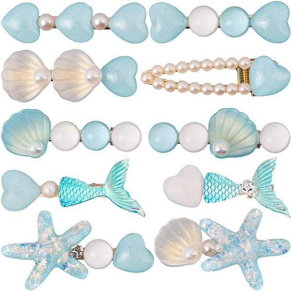 CABODYALS 2 Styles 10Pcs Blue Pearl Mermaid Seashell Hair Clip