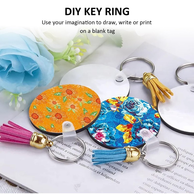 80pcs Keychain Set, 20pcs MDF Pendants Rings Clips Tassels Blank