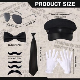 8Pcs Chauffeur Accessories Set, Novelty Limo Driver Costume Fancy Dress Kit with Black Taxi Driver Hat Sunglasses Bow Tie Gloves Fake Beard for Adults 1920s Gangster Theme Party Cosplay Dress up Party