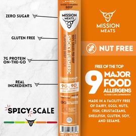 Mission Meats Beef Sticks – 100% Grass Fed & Pasture Raised, Sugar Free, Individually Wrapped Healthy Snacks, Whole 30 & Paleo Friendly, Smoky Turmeric 1oz (Pack of 24)