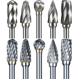 Sworker 10 Pcs Carbide Burr Set 1/8" Shank Compatible with Dremel Bits Double Cut and Aluminum Cut (Wide-Flute Cut) Rotary Tools Attachment Kit Rasp Metal Wood Stone Steel Grinding Carving Cutting