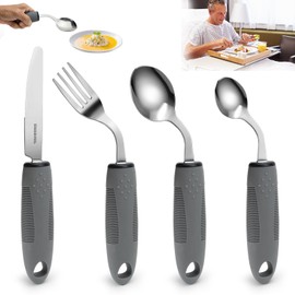 NCTNCX Parkinson Cutlery Stainless Steel Set 4-Piece Handle Thickening Cutlery 42° Angle Parkinson Aid Eating Aid for Seniors, Disabled People, Arthritis, Parkinson