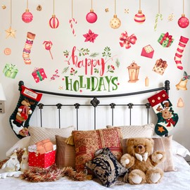 Happy Holiday Wall Decal Stickers Christmas Wall Decals Christmas Window Stickers with Socks Candy Copper Bell Decals Removable Vinyl Wall Decals Window Xmas Self-Adhesive Holiday Home Decoration