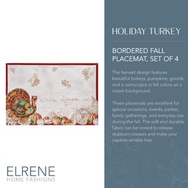 Elrene Home Fashions Holiday Turkey Bordered Fall Placemats, Seasonal Dining Placemats, 13" W x 19" L, Set of 4