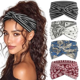 STGDAK Boho Bandana Headband For Women Floral Wide Headbands Paisley Criss Cross Turban Head Wraps Non Slip Hair Scarf Head Bands Striped Cute Hairband Fashion Hair Accessories For Girls Teens 4 Pack