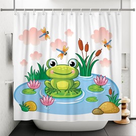 SDOTPMT 180 x 180 cm Cute Frog Shower Curtain Cartoon Frog on Lotus Leaf Pond Flower Dragonfly Bath Curtain Summer Animal White Bath Curtain for Children Bathroom Polyester Waterproof with Hooks