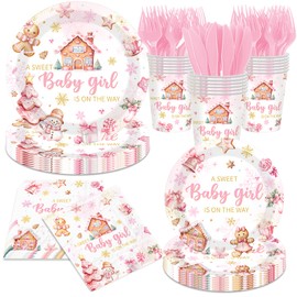 Pink Christmas Gingerbread Baby Shower Decorations, 144pcs A Sweet Baby Girl is On The Way Gingerbread Plates and Napkins, Winter Christmas Baby Shower Decorations for Girl, Serves 24