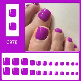 Purple Toe Press on Nails Solid Color Toe Nail Press ons with Design Short Square Press on Toenails for Women Glossy Fake Toe Nails Reusable Artificial Toenails for Pedicure Decorations 24 Pcs