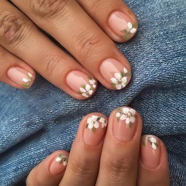 BFY Flower Press on Nails Short Square Fake Nails, Small White Flowers Gold Glitter Acrylic Nails Kit, Spring Summer Nude Glossy Gel Manicure Stick on Nails Full Cover False Nail Tips 24Pcs