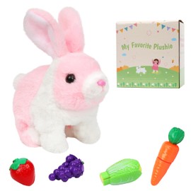 Easfan Walking Rabbit Interactive Electronic Pet Plush Bunny Toy with Sounds and Movements Hopping Rabbit Ears Moving Educational Plush Toy Easter Birthday Gifts for Kids Girls, 7'',White-Pink