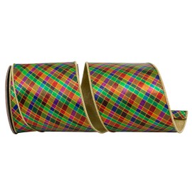 Reliant Ribbon Plaid Jewel Tone Deluxe Metallic Backed Wired Edge Ribbon, Multi