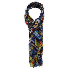 TigerTie Chiffon Scarf in Blue Black Yellow Orange Grey Green Patterned Size 180 x 50 cm, Blue, black, yellow, orange, grey, green