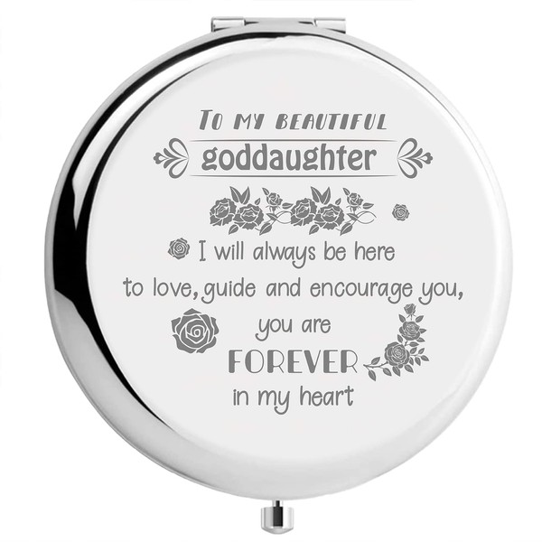 CREATCABIN Goddaughter Compact Mirror of Patin Stainless Steel Love Encourage Personalised Mini Makeup Bag Travel Engraved Mirror Silver for Graduation Birthday Wedding New Year Gifts