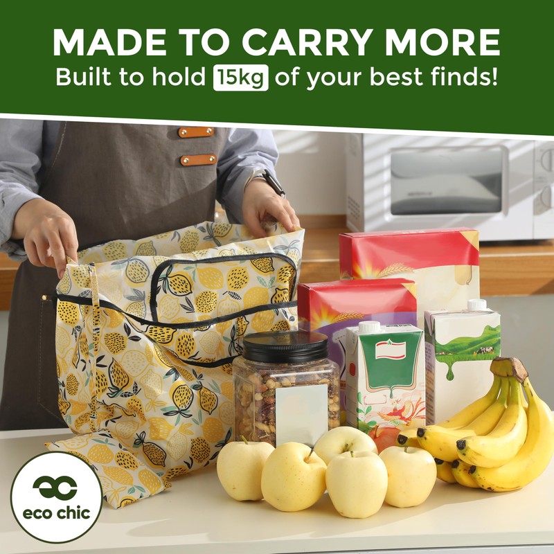 ECO CHIC Foldable Reusable Large Recycled Grocery Bags Lightweight Shopping